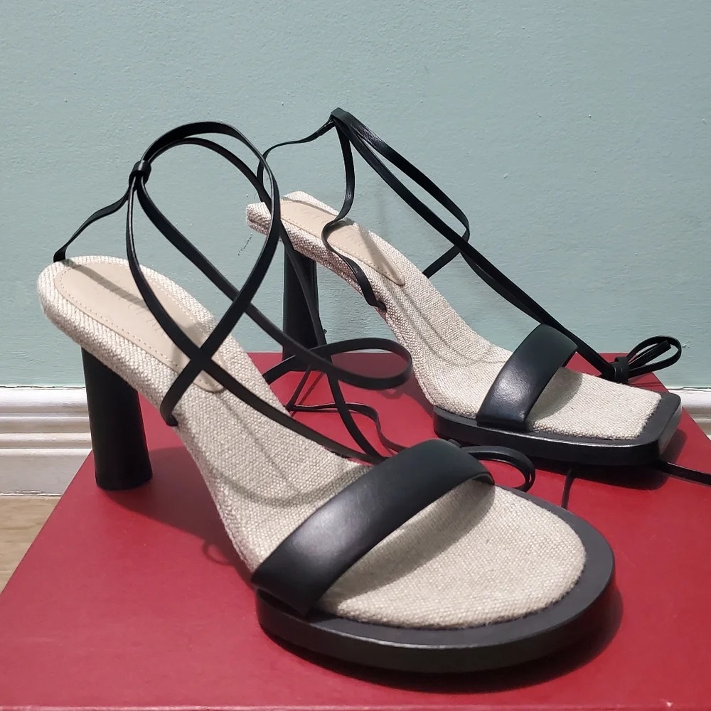 NEW JACQUEMUS Les Carre Rond Black Leather & Linen Sandals sz 38 - Picture 5 of 14